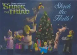 Animated Shrek characters decorating a Christmas tree on Shrek the Third promo card