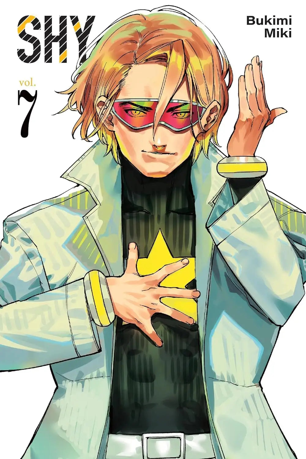 Manga-style character in red sunglasses and mint jacket promoting SHY GN VOL 07 trading cards