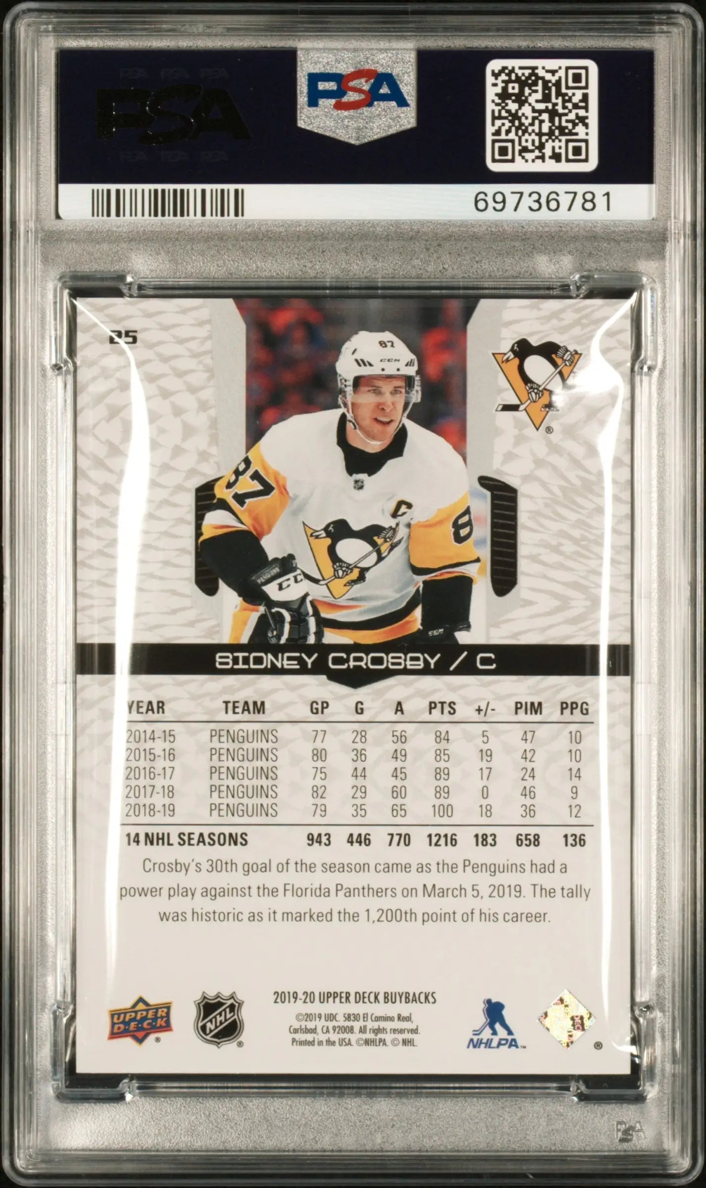 Sidney Crosby 2019 Upper Deck Buybacks #196/199 PSA 10 Gem Mint - Hockey Card Single