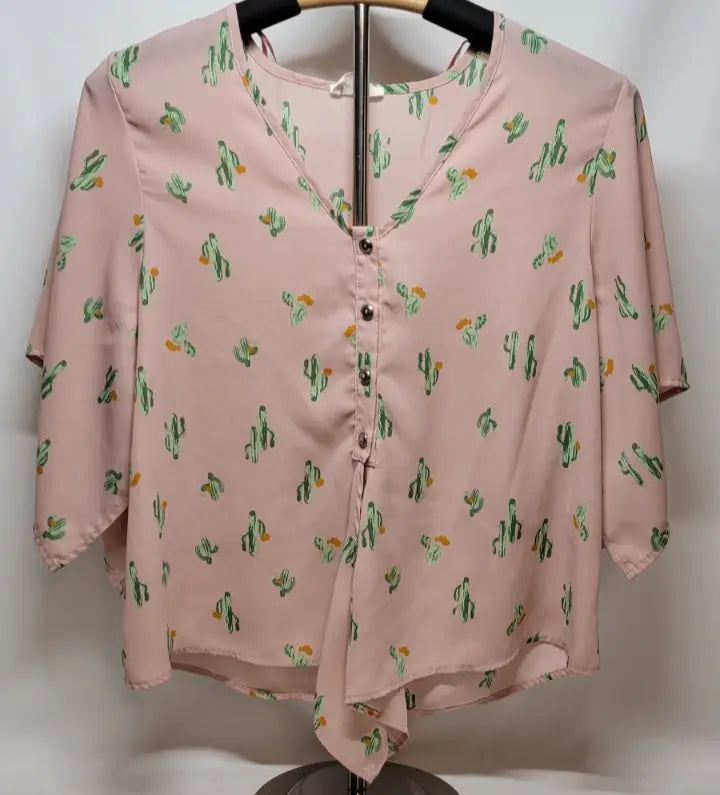 Sienna Sky Crop Top Size XS Pink Cactus Print V Neck 3/4 Sleeve Juniors - Apparel