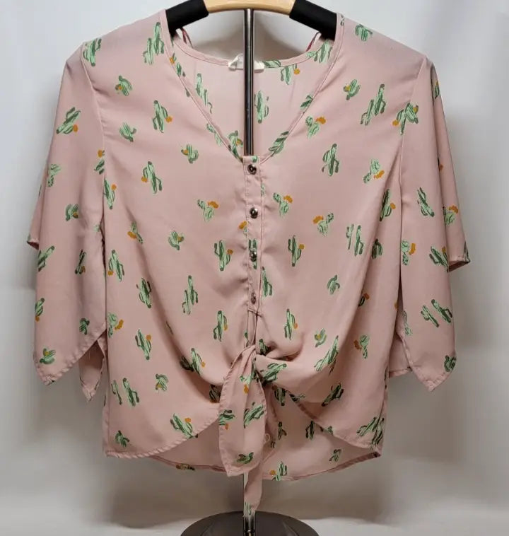 Sienna Sky Crop Top Size XS Pink Cactus Print V Neck 3/4 Sleeve Juniors - Apparel