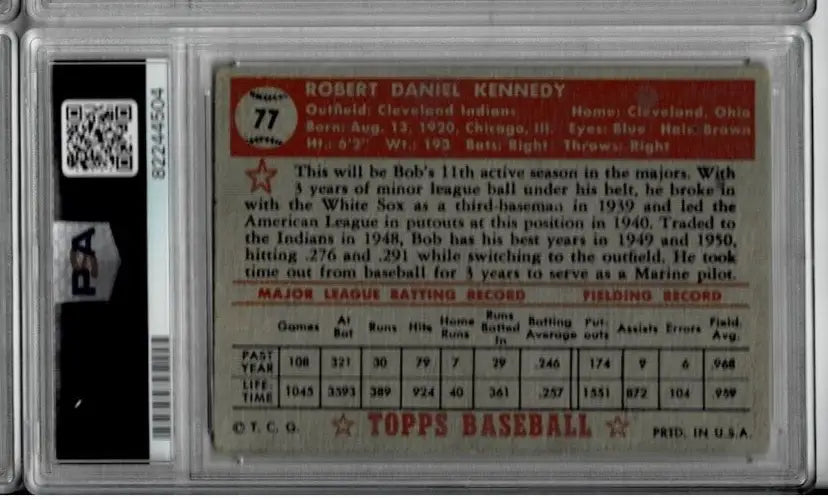 Graded baseball card of Bob Kennedy from the Cleveland Indians Signed 1952 Topps collection