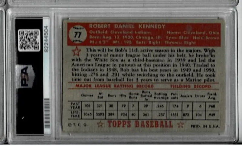 Graded baseball card of Bob Kennedy from the Cleveland Indians Signed 1952 Topps collection