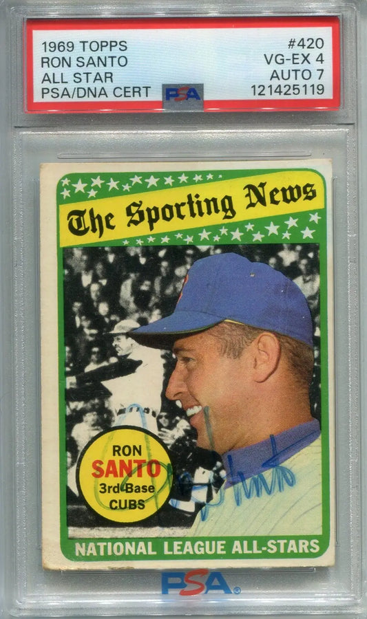 Signed 1969 Topps Baseball #420 Ron Santo PSA 4 DNA 7 Chicago Cubs HOF Auto - Baseball Card Single
