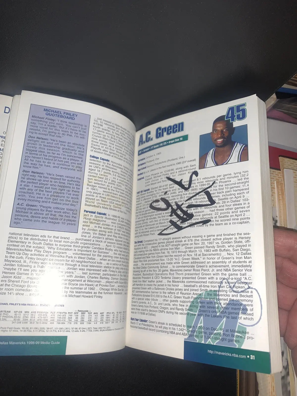 Autographed A.C. Green page in Signed 1998 Dallas Mavericks Media Guide