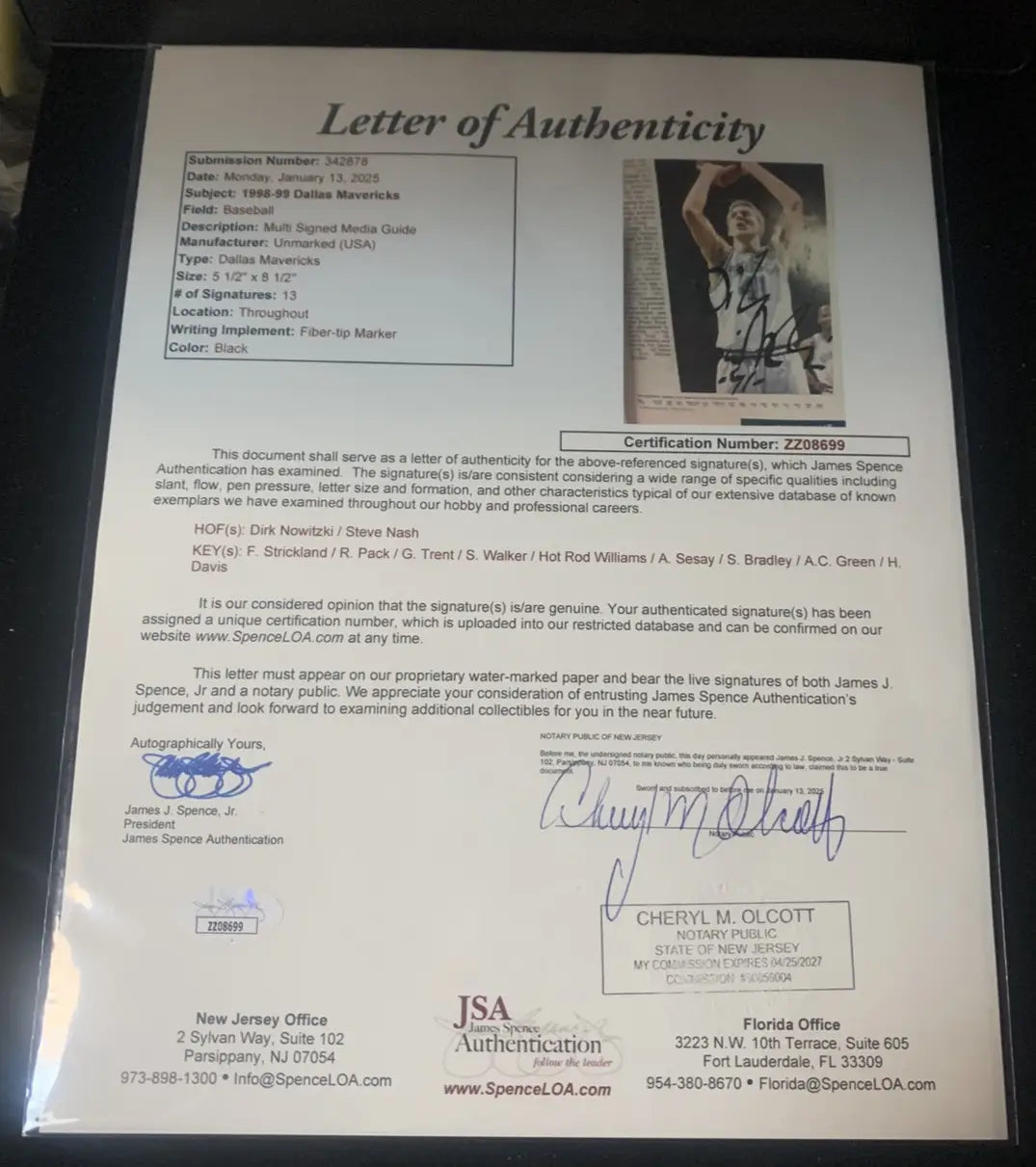 Letter of Authenticity for Signed 1998 Dallas Mavericks Media Guide by Dirk Nowitzki and Steve Nash