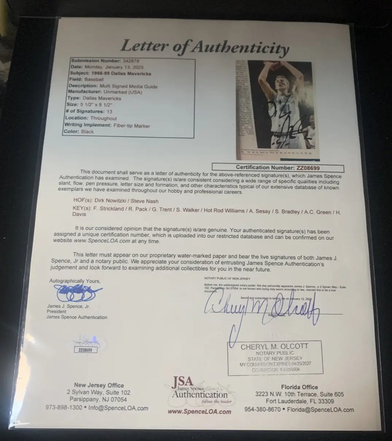 Letter of Authenticity for Signed 1998 Dallas Mavericks Media Guide by Dirk Nowitzki and Steve Nash