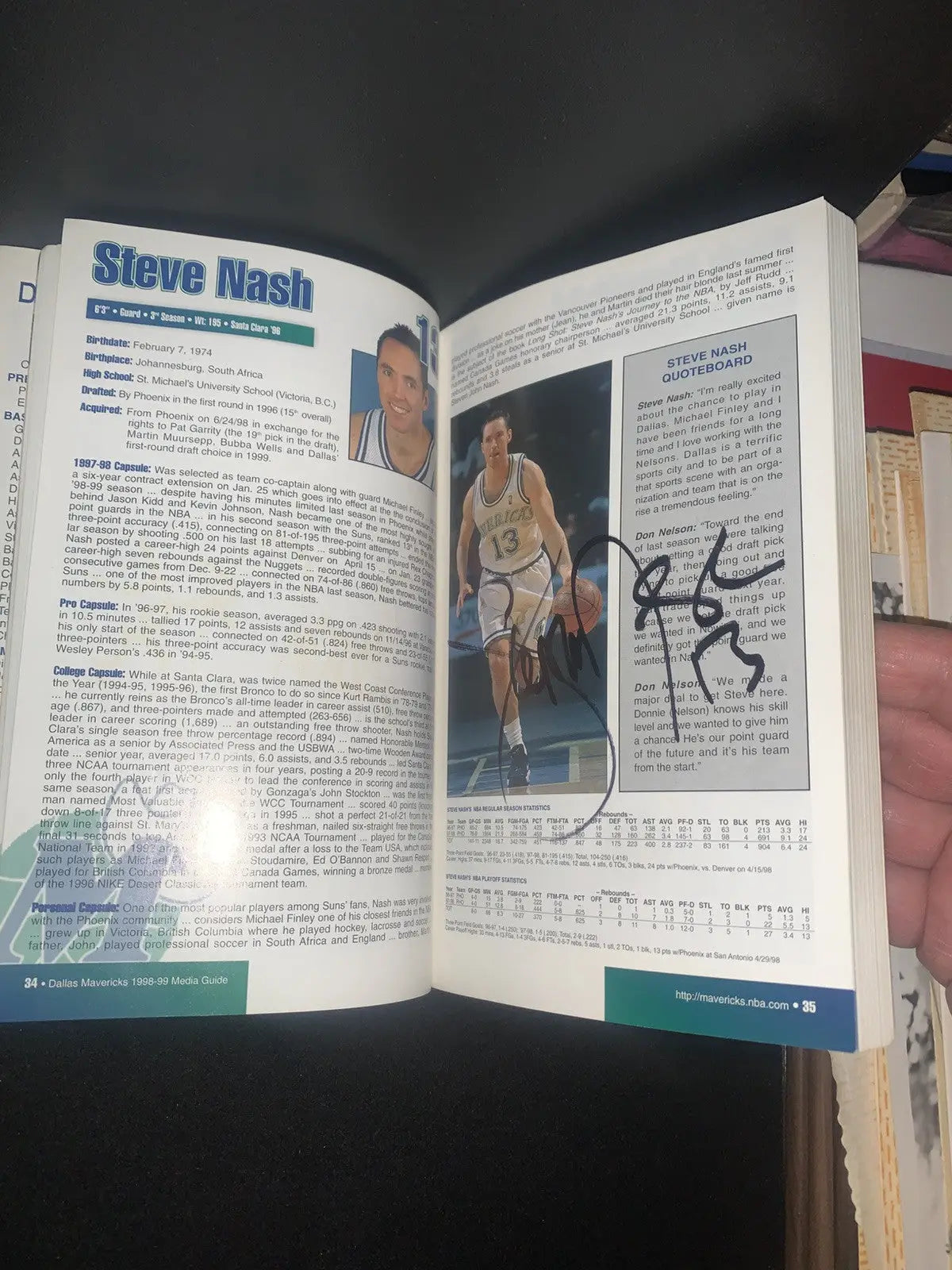 Steve Nash biography with autograph in 1998 Dallas Mavericks Media Guide signed edition