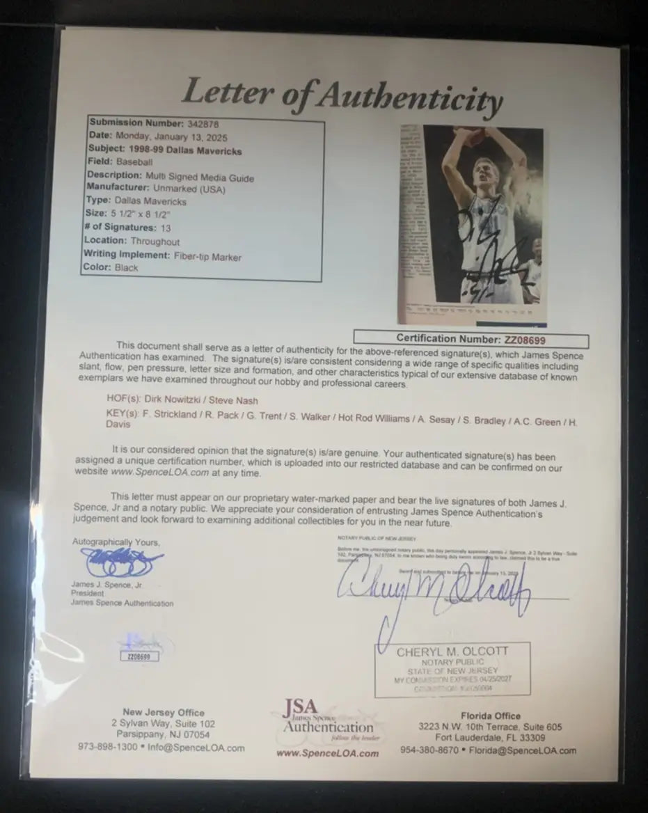 Letter of Authenticity for Signed 1998 Dallas Mavericks Media Guide Dirk Nowitzki Steve Nash AUTO