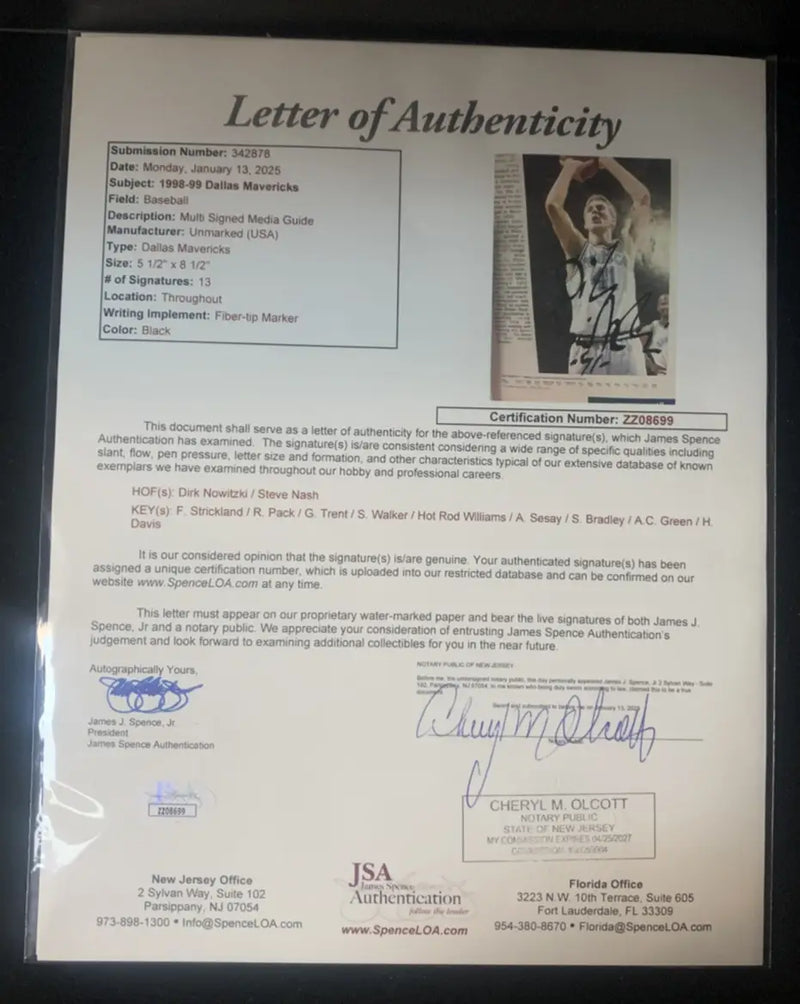 Letter of Authenticity for Signed 1998 Dallas Mavericks Media Guide Dirk Nowitzki Steve Nash AUTO