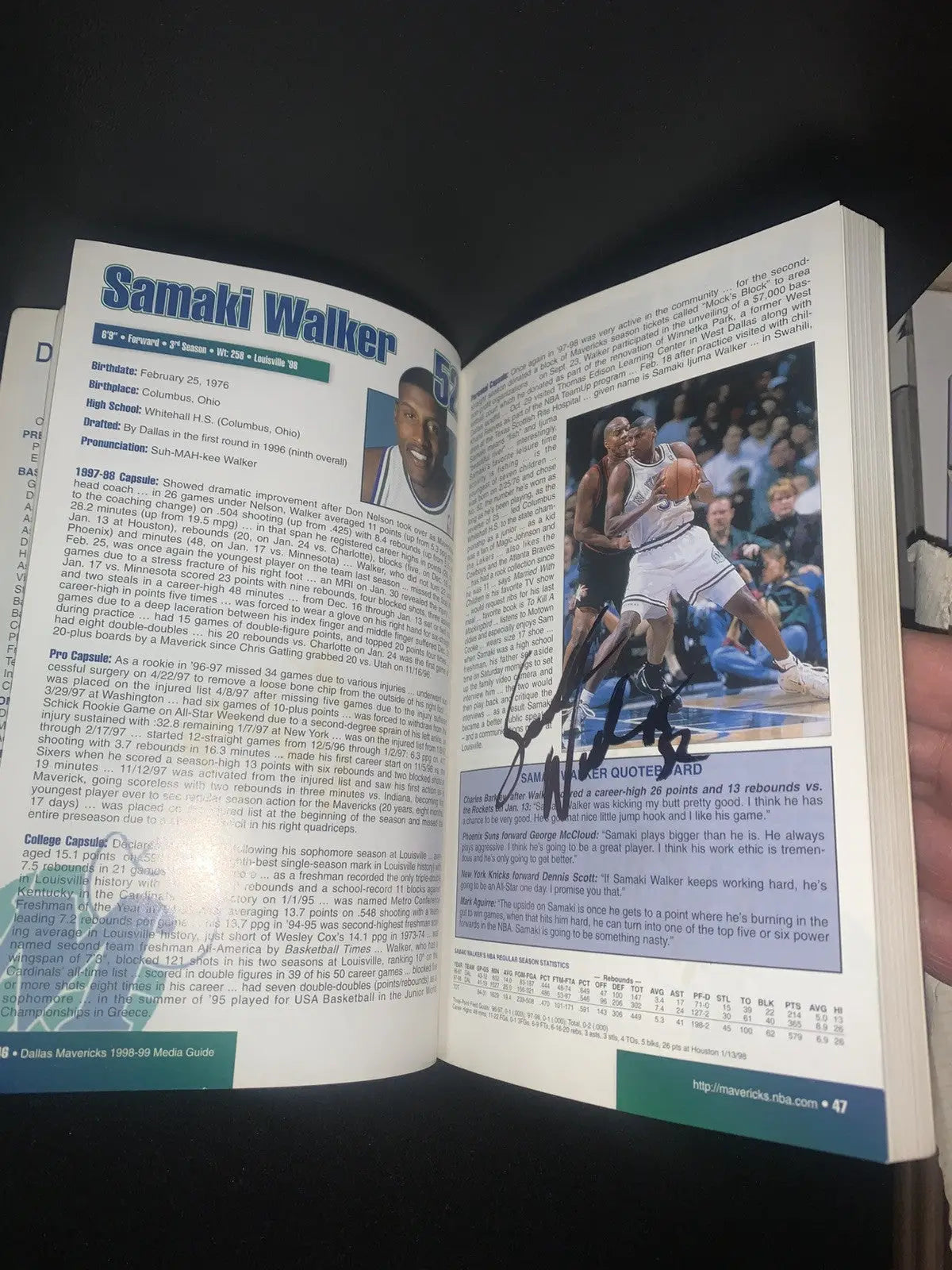 Autographed Samaki Walker basketball book from Dallas Mavericks Media Guide 1998