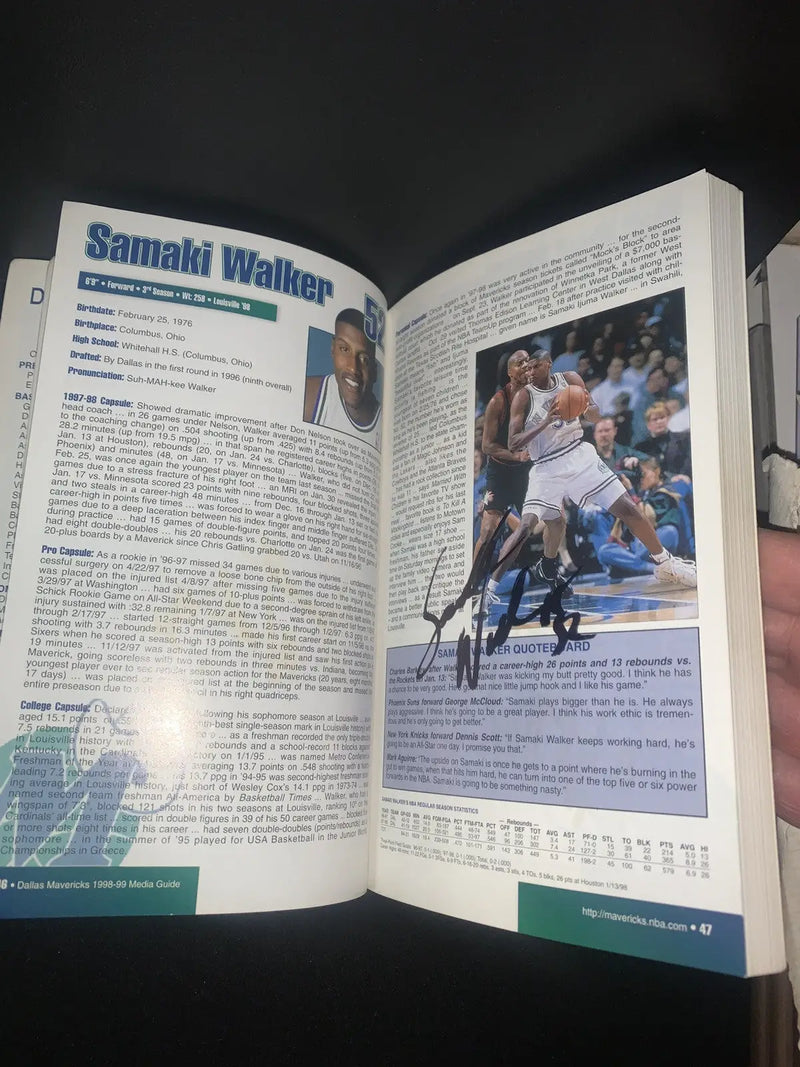 Autographed Samaki Walker basketball book from Dallas Mavericks Media Guide 1998