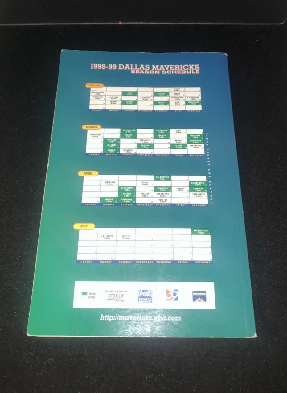 1998-99 Dallas Mavericks season schedule from signed media guide with Dirk Nowitzki and Steve Nash