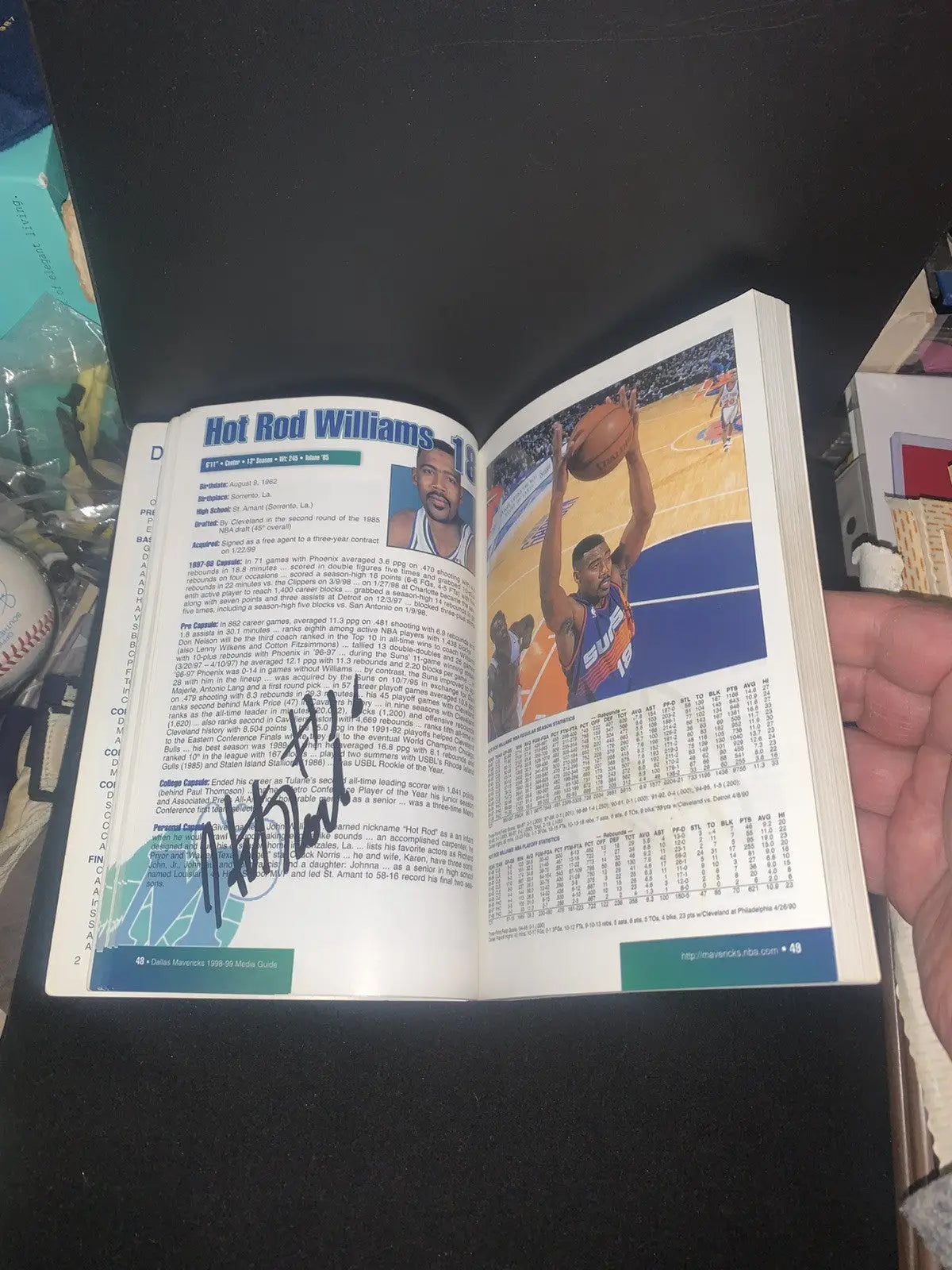 Autographed Hot Rod Williams book featured in Dallas Mavericks Media Guide 1998
