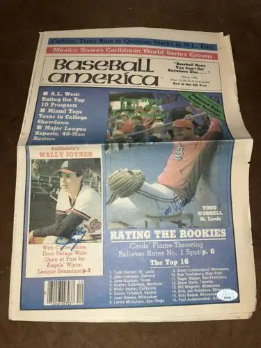 Signed Baseball America newspaper featuring Wally Joyner and Todd Worrell autographs