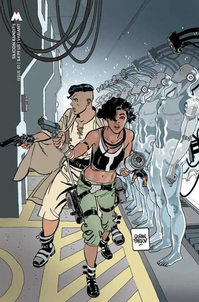 Comic book cover by Goran Parlov featuring characters in a futuristic corridor