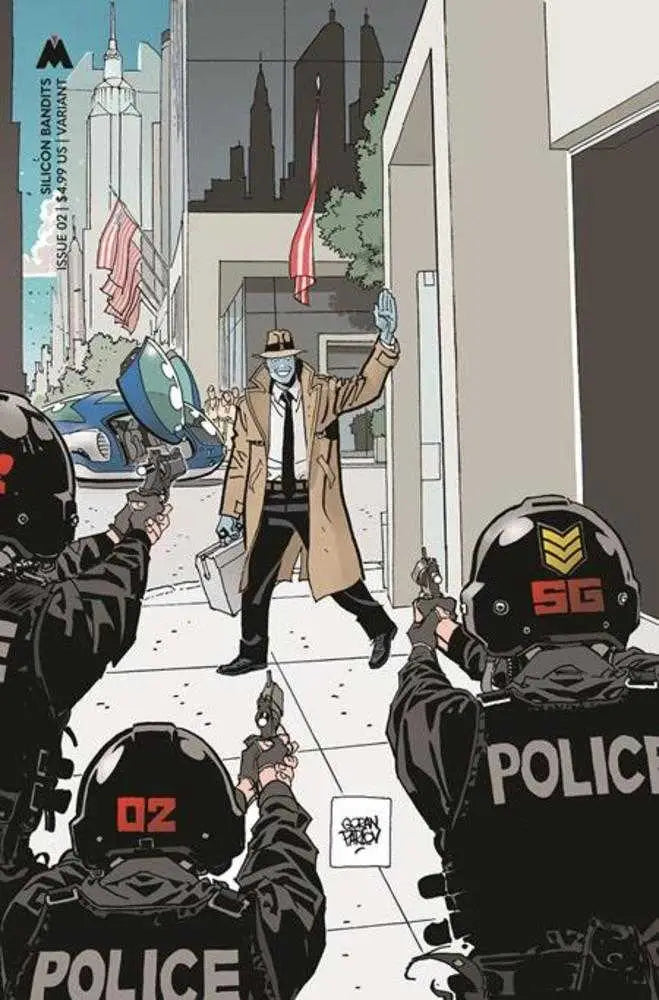 Comic book illustration of a trench coat figure facing riot police in Goran Parlov art