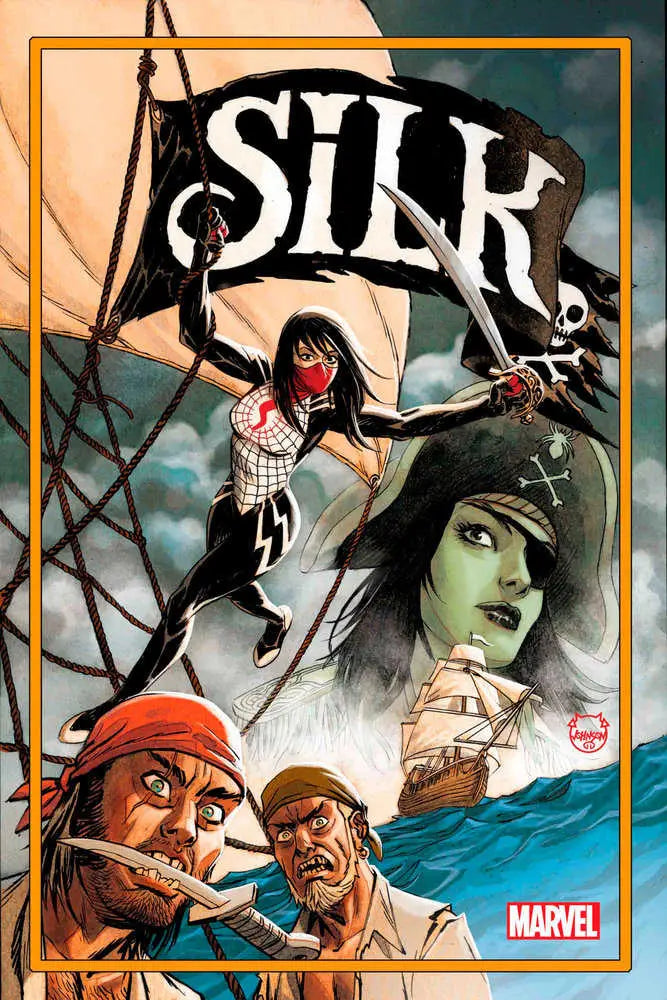 Comic book cover artwork for Silk 3 featuring pirates and the SILK skull emblem