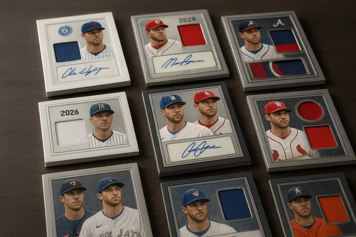 Silver-framed jersey baseball cards with player portraits and fabric swatches