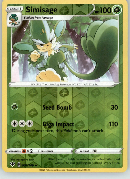 Simisage - Darkness Ablaze - 007/189 - Reverse Holo LP Pokemon - Pokémon Card Single
