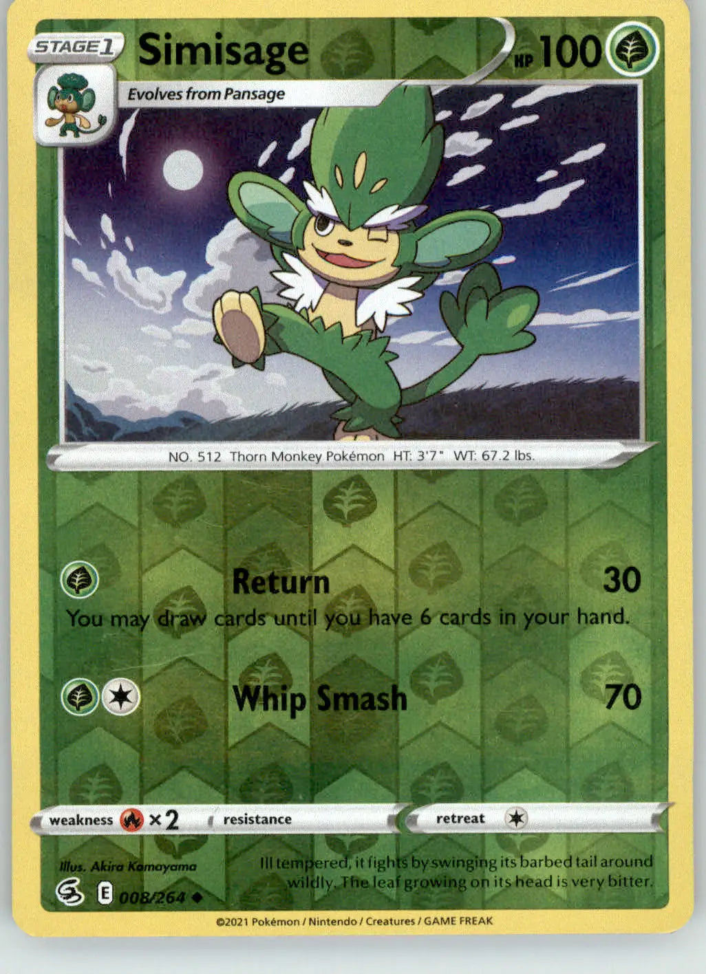 Simisage - Fusion Strike - 008/264 - Reverse Holo LP Pokemon - Pokémon Card Single