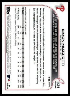Simon Muzziotti Rookie 2022 Topps Update #US19 Philadelphia Phillies - Baseball Card Single