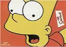 Yellow cartoon character face with bulging eyes on Simpsons 10th Anniversary promo card