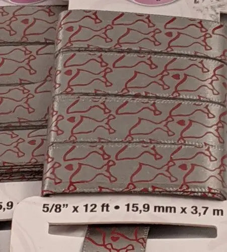 Gray ribbon with red horse pattern showcasing Rick Rack for Red Dress and Valentine’s Day use