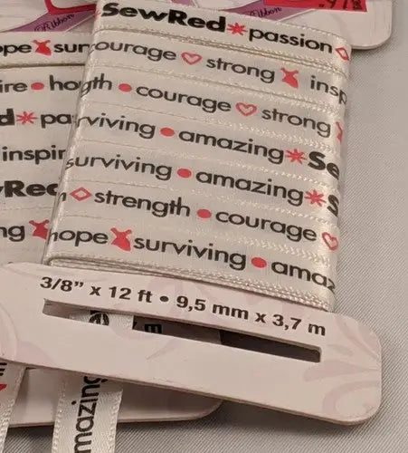 SewRed ribbon roll with inspirational words, red dress rick rack and original gloss