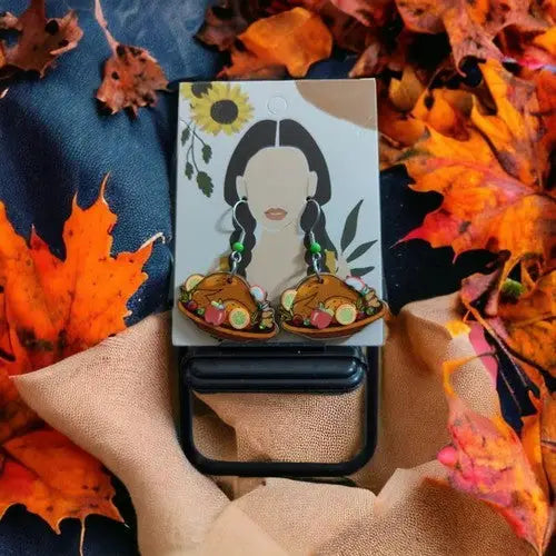 Single-Sided Wooden Turkey Dinner Earrings - Handmade - General Merchandise