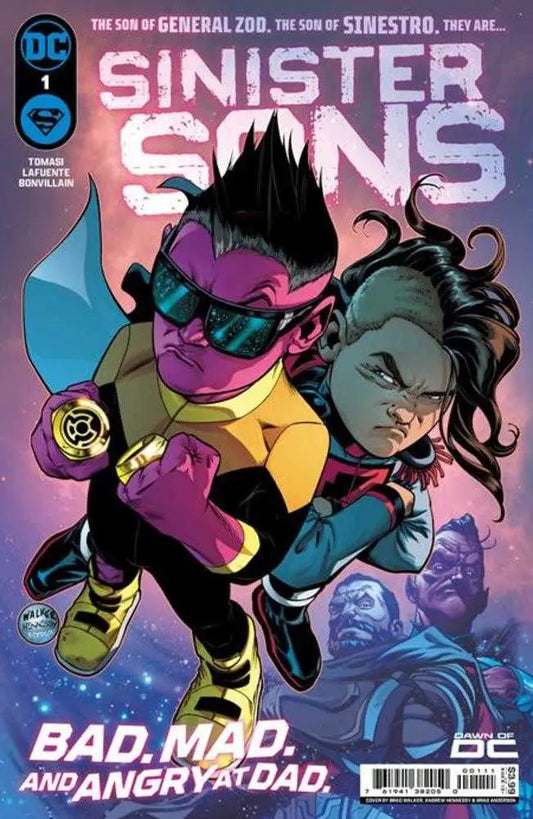 Comic book cover for Sinister Sons featuring a stylized character in purple and yellow