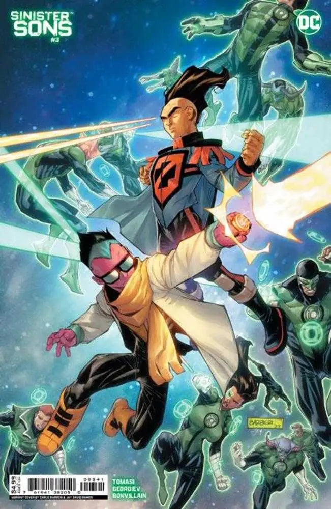 Sinister Sons #3 cover artwork with superheroes in action and glowing energy effects