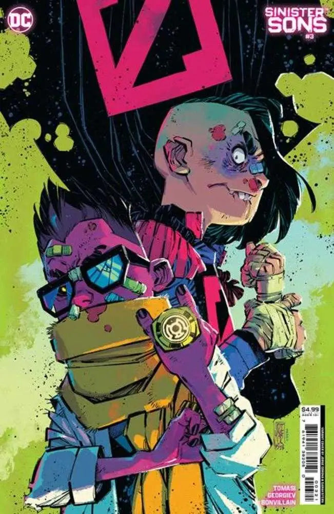 Sinister Sons #3 cover art features a character in colorful cyberpunk armor with neon splatter