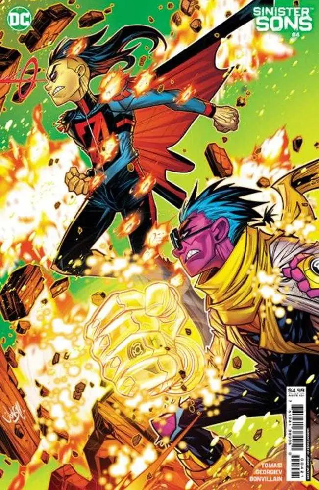 Sinister Sons #4 cover features a superhero battle with flames and energy effects