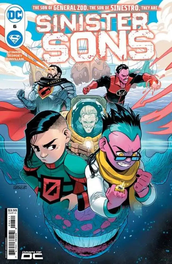 Comic book cover for Sinister Sons showcasing young superheroes in action, perfect for trading cards
