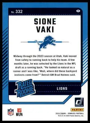 Sione Vaki Rookie 2024 Donruss #332 Detroit Lions