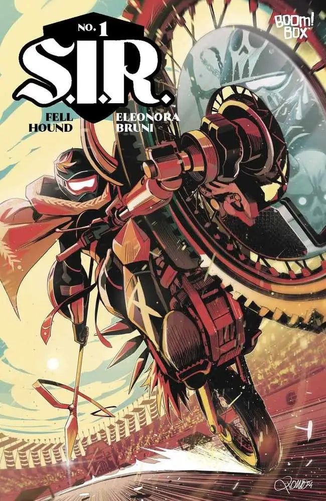 Red mechanical knight in armor with cape for Cover B Zonno, perfect for motorcycle jousting