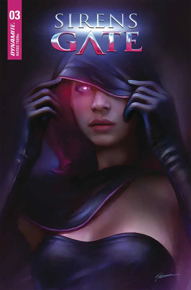 Stylized portrait of a woman with glowing red eyes for Sirens Gate #3 Cover A Maer trading cards