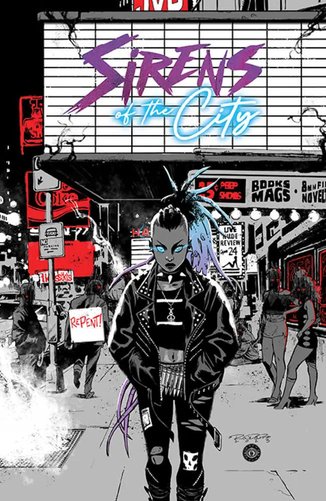 Punk-styled character with mohawk in cyberpunk street for Sirens Of The City trading cards