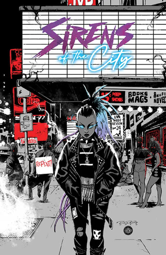Punk-styled character with mohawk in cyberpunk street for Sirens Of The City trading cards