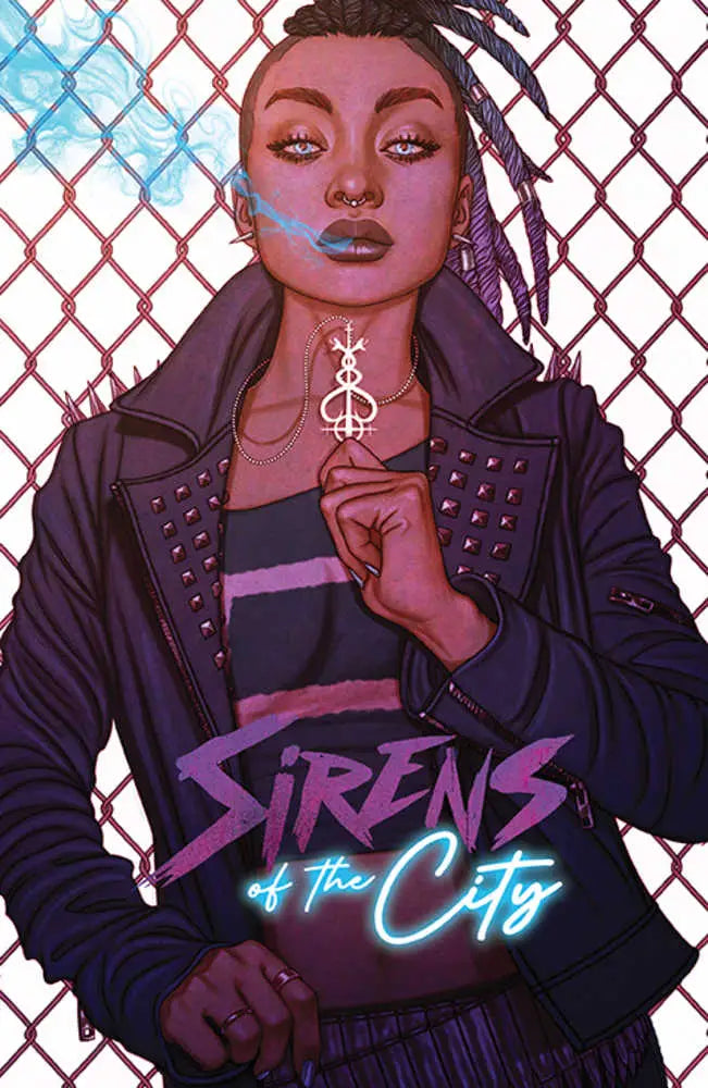 Stylized punk character in leather jacket for Sirens Of The City trading cards cover