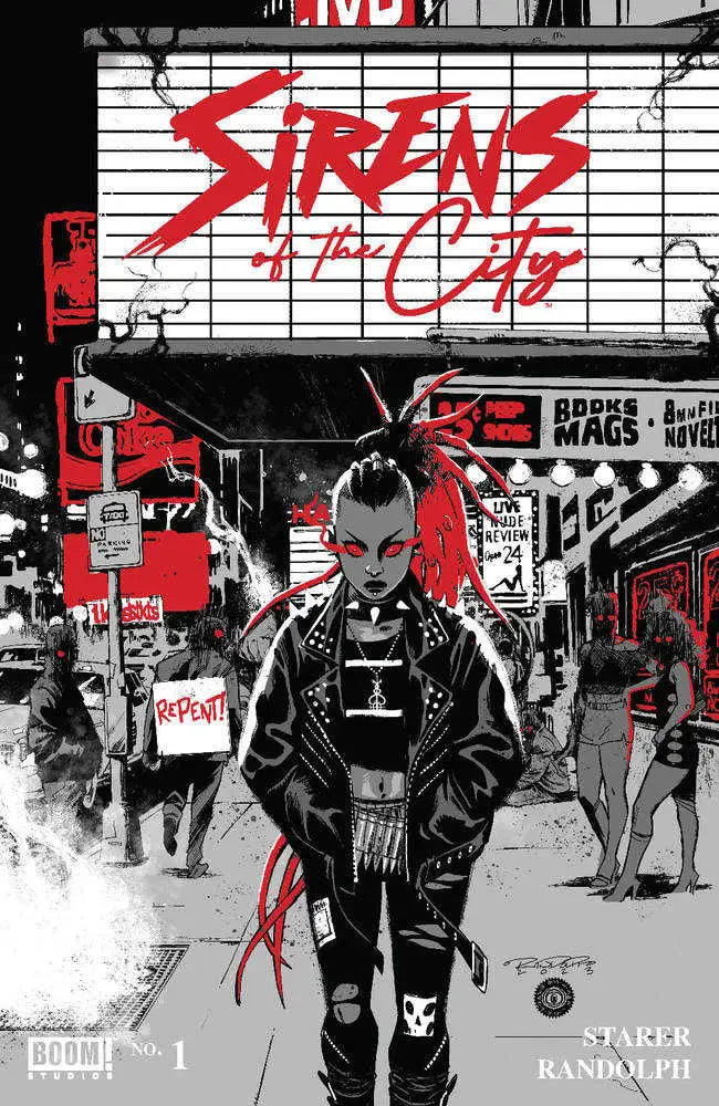 Comic book cover of Sirens Of The City #1 featuring a punk character in leather jacket