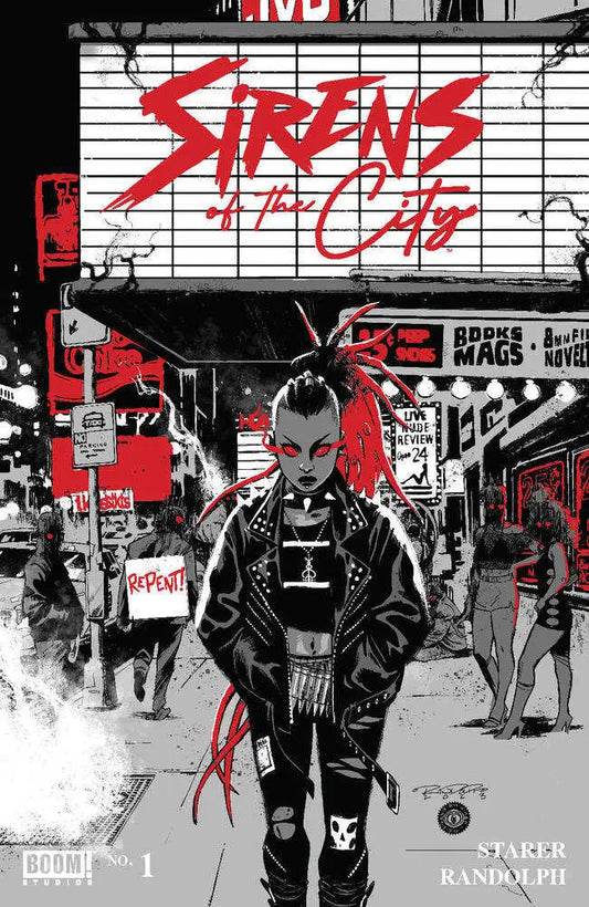 Comic book cover of Sirens Of The City #1 featuring a punk character in leather jacket