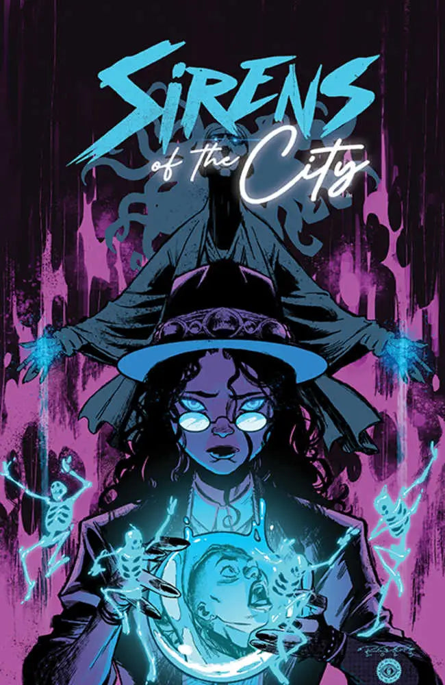 Mystical witch with glowing blue eyes and hat gazing into a crystal ball on trading cards