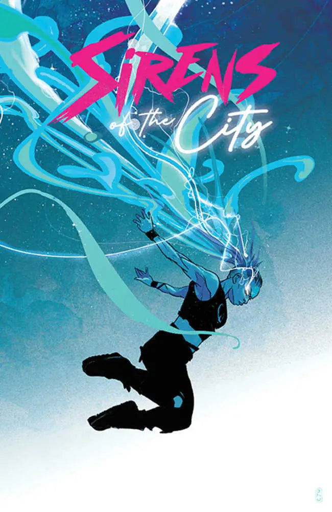 Silhouetted figure falling through vibrant neon streaks on Sirens Of The City trading cards