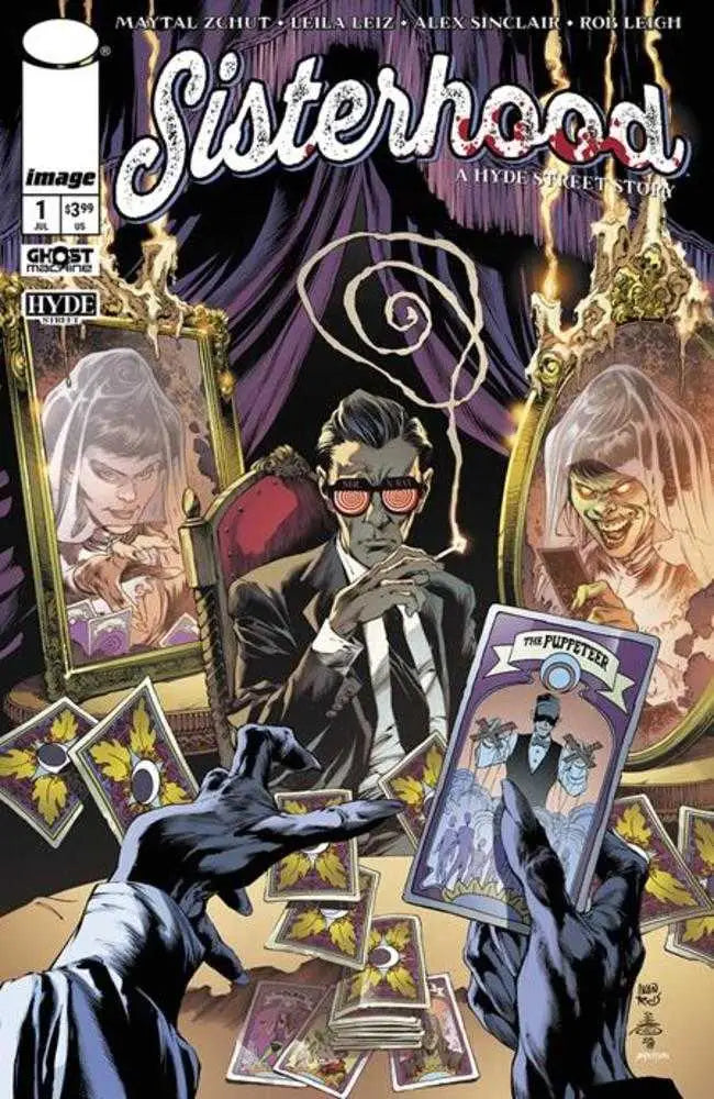 Comic book cover for Sisterhood A Hyde Street Story featuring a mysterious figure with tarot cards