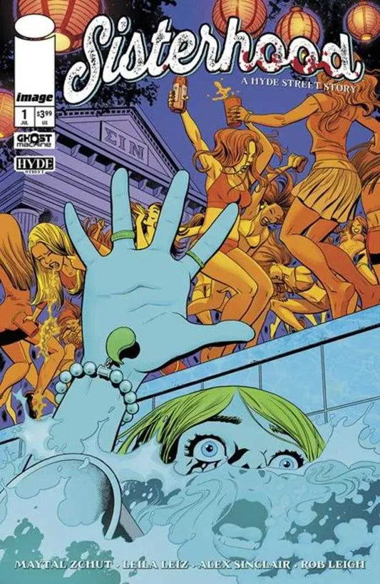 Comic book cover of Sisterhood A Hyde Street Story with chaotic party scene and woman drowning