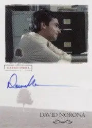 Autographed trading card of David Norona in a white shirt at a desk, trading cards