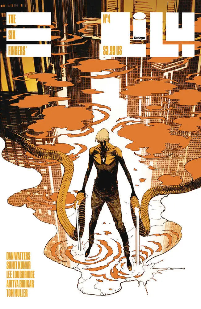 Silhouetted figure in liquid, Six Fingers #4 cover art featuring vibrant colors