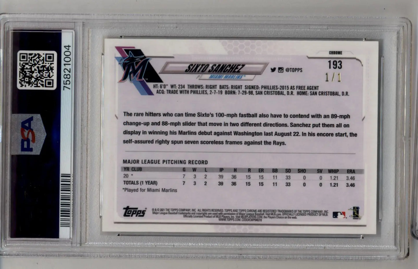 Sixto Sanchez 2021 Topps Chrome Superfractor #193 1/1 PSA 10 Gem Mint - Baseball Card Single